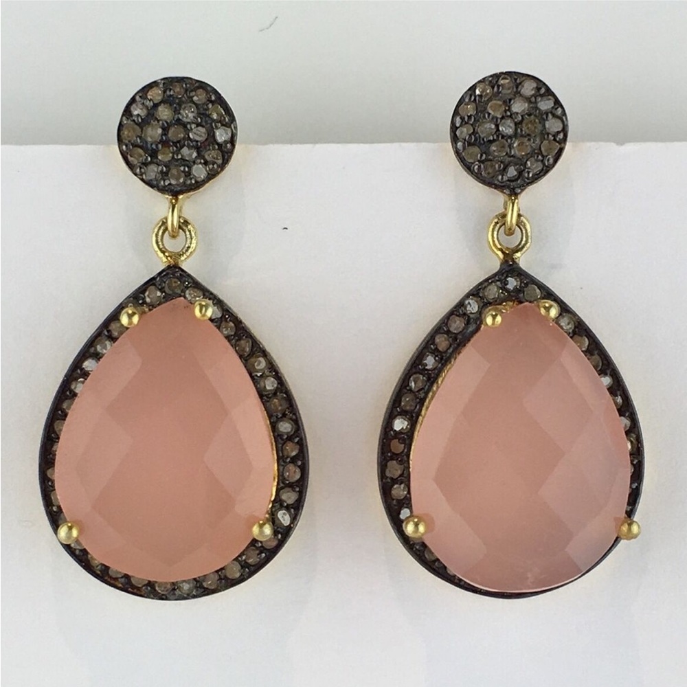 pink onyx teardrop earrings Pave’ Diamond set